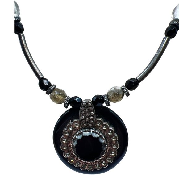 Chicos Statement Necklace With Black & Silver Beads Rhinestone Pendant N1 - Picture 5 of 14